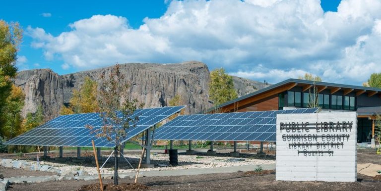 Solar panels in front of the Gunnison Colorado County Library. Energy efficient mechanical systems completed by 360 Engineering based in Golden, Colorado.